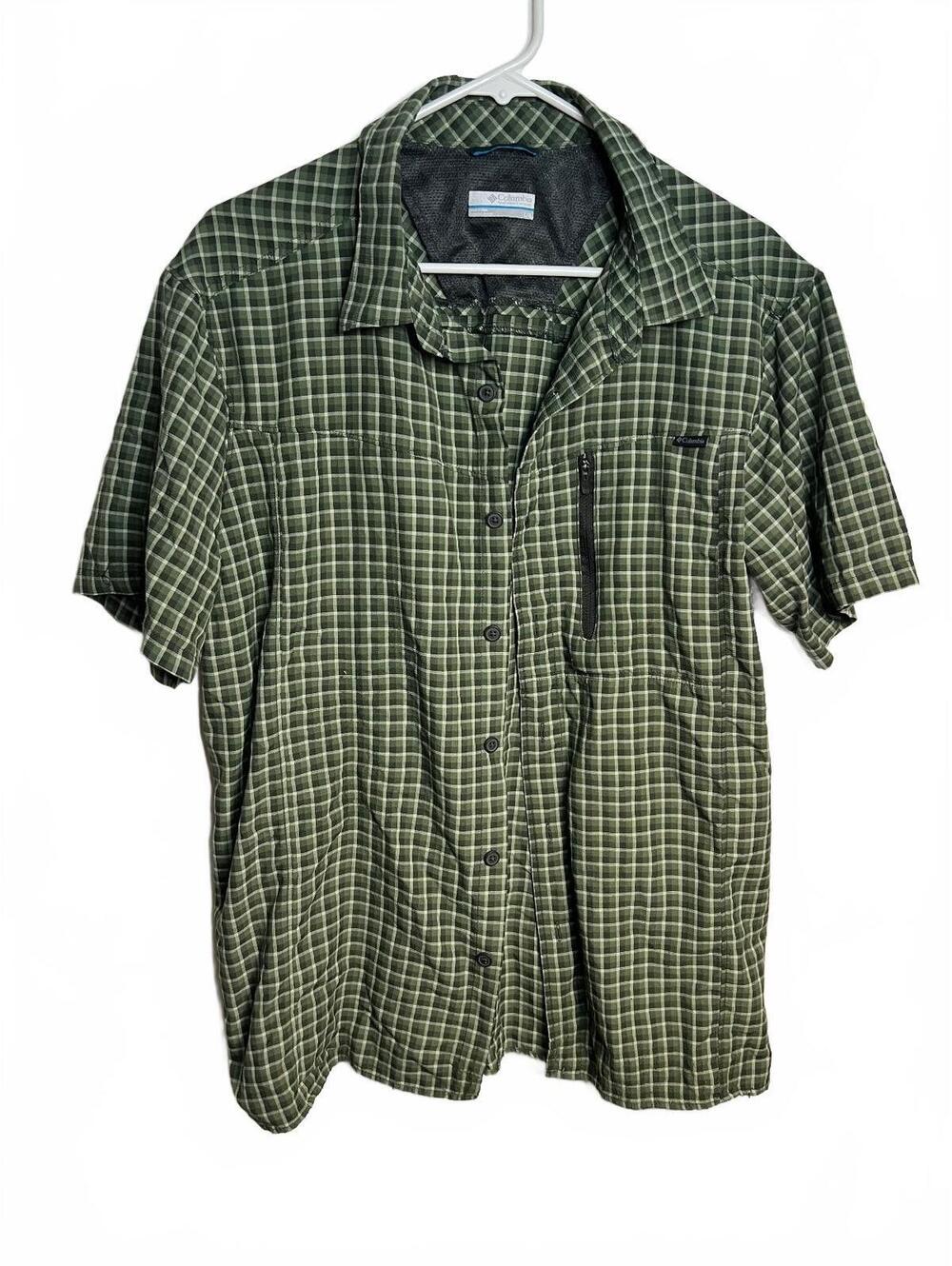 Columbia Plaid Shirt Mens Large Green Tactel Nylon Short Sleeve Utility Hiking